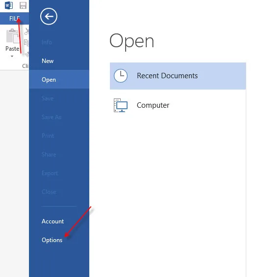 Options menu Word 2013