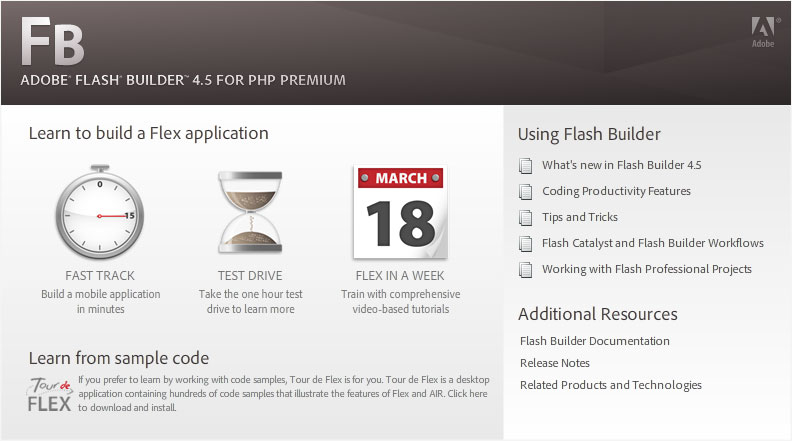 Adobe Flash Builder 4.5-for PHP Premium start page