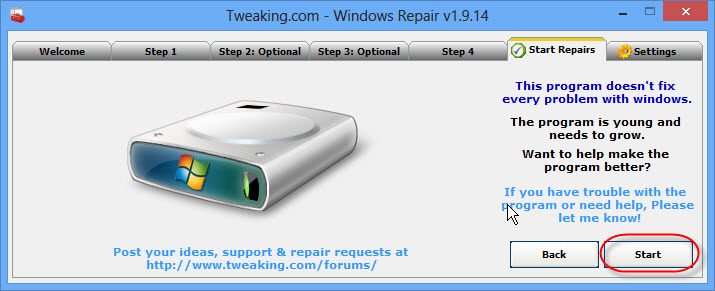 Tweaking.com Windows Repair 1.9.14 start repair