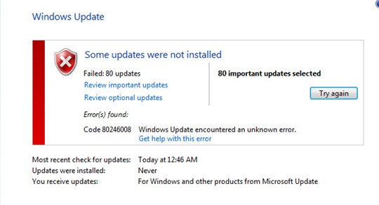 Unable to install Windows Udate error code 80246008