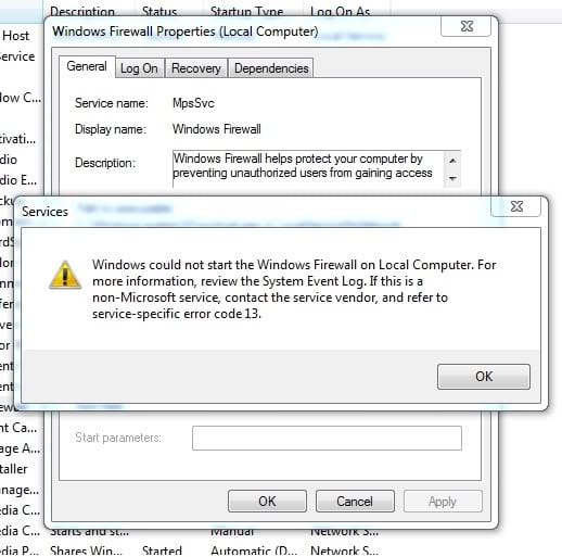 Windows 7 firewall service-specific error code 13