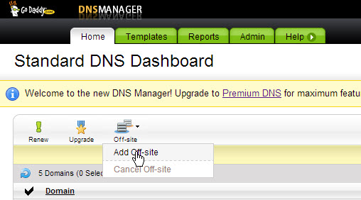 Godaddy add off-site DNS menu